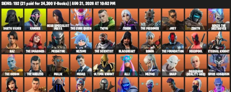 Fortnite account inventory for LVL 3714 - Darth Vader - Xander - 192 Outfits
