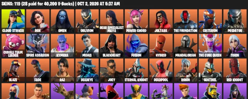 Fortnite account inventory for Cloud Striker - Rox - 119 Outfits