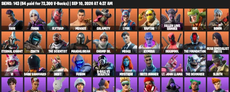 Fortnite account inventory for LVL 1395 - Fade - Torin - 143 Outfits