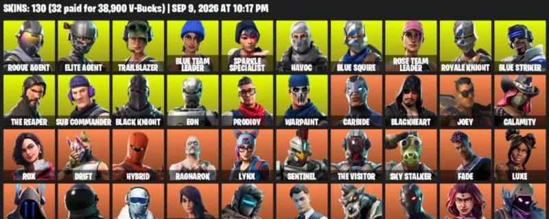 Fortnite account inventory for LVL 1765 - Rogue Agent - Elite Agent - 130 Outfits