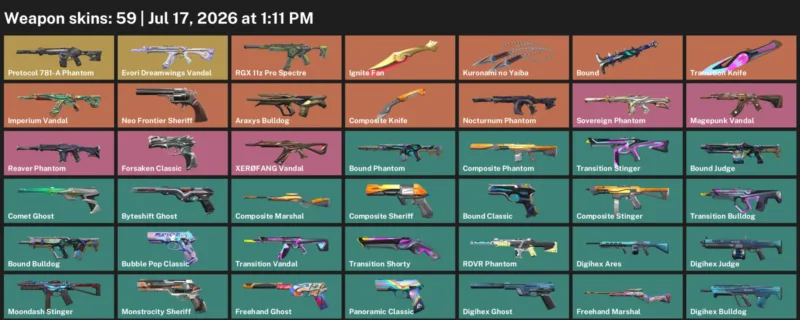 Valorant Accounts listing: LVL 223 · Composite Knife & Ignite Fan · 59 Skins - Gold 1, 59 skins