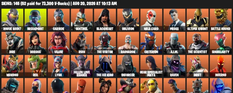 Fortnite account inventory for LVL 1022 - Rogue Agent - Breakpoint - 145 Outfits