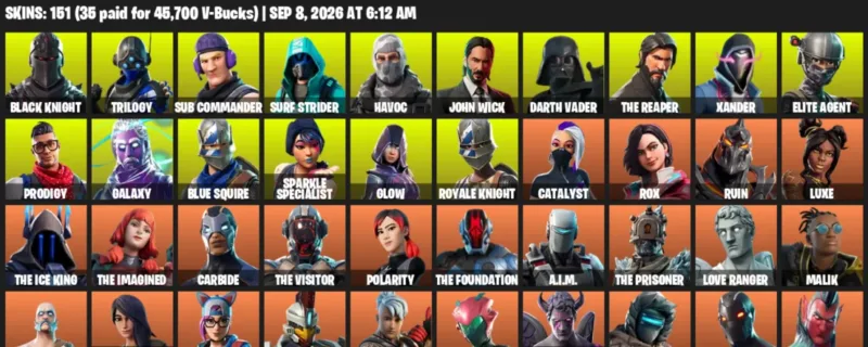 Fortnite account inventory for LVL 1476 - Black Knight - Trilogy - 151 Outfits