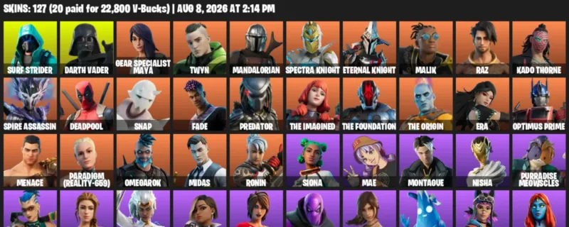 Fortnite account inventory for LVL 2193 - Surf Strider - Darth Vader - 127 Outfits
