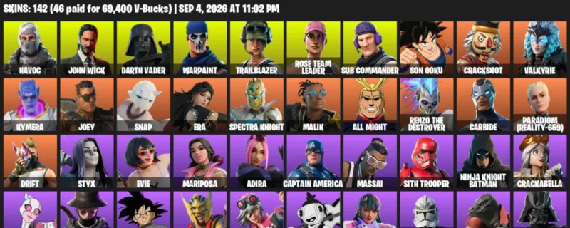 Fortnite account inventory for LVL 562 - Havoc - John Wick - 142 Outfits