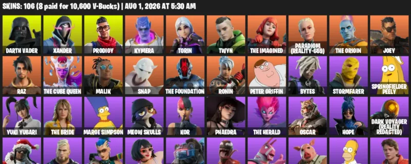 Fortnite account inventory for LVL 2191 - Darth Vader - Xander - 106 Outfits