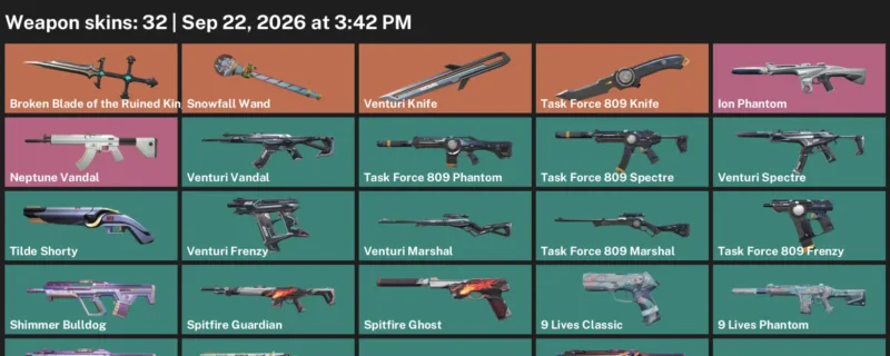 Valorant account inventory for LVL 77 · Venturi Knife & Task Force 809 Knife