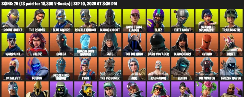 Fortnite account inventory for LVL 658 - Rogue Agent - The Reaper - 75 Outfits