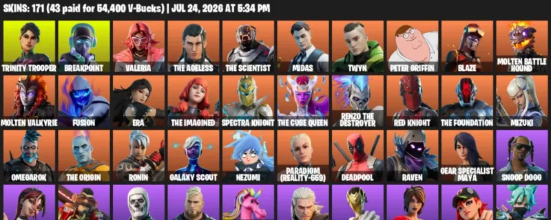 Fortnite Accounts listing: LVL 2728 - Trinity Trooper - Breakpoint - 171 Outfits - 171 outfits