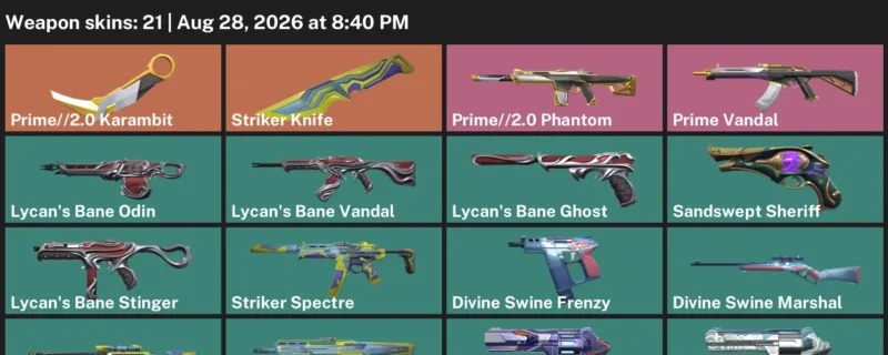 Valorant account inventory for LVL 121 · 2.0 Karambit & Striker Knife & 21 Skins Prime