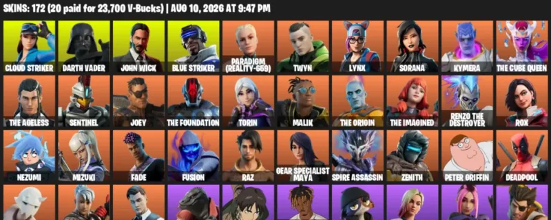 Fortnite account inventory for LVL 2810 - Cloud Striker - Darth Vader - 172 Outfits