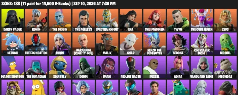 Fortnite account inventory for LVL 2687 - Darth Vader - Ronin - 188 Outfits