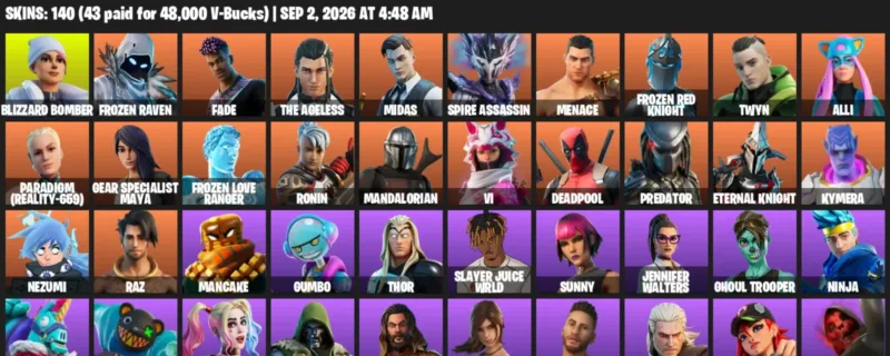 Fortnite account inventory for LVL 1537 - Blizzard Bomber - Frozen Raven - 140 Outfits