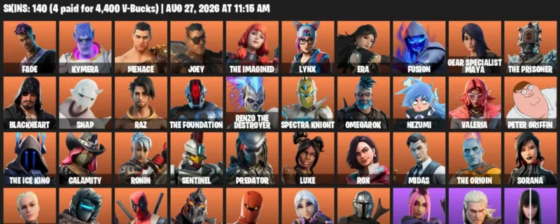 Fortnite account inventory for LVL 2325 - Fade - Kymera - 140 Outfits