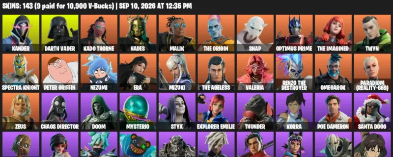 Fortnite account inventory for LVL 2423 - Xander - Darth Vader - 143 Outfits