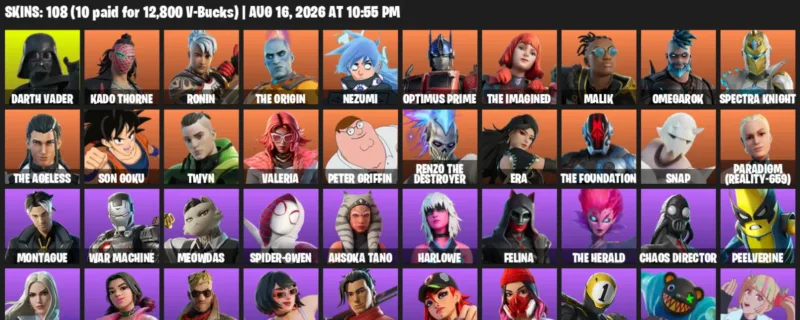 Fortnite account inventory for LVL 1676 - Darth Vader - Kado Thorne - 108 Outfits