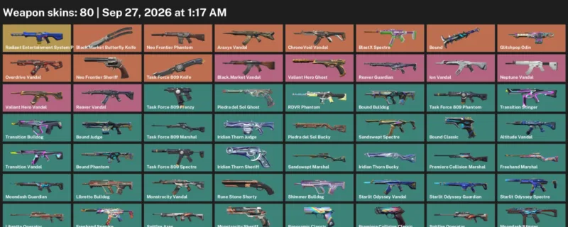 Valorant account inventory for LVL 103 · Araxys Vandal & Task Force 809 Knife