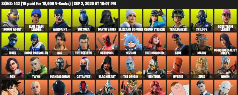 Fortnite account inventory for LVL 2104 - Rogue Agent - Blue Team Leader - 142 Outfits