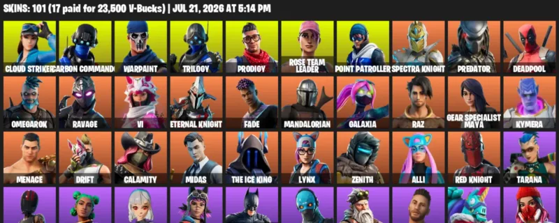 Fortnite Accounts listing: LVL 1382 - Cloud Striker - Carbon Commando - 101 Outfits - 101 outfits