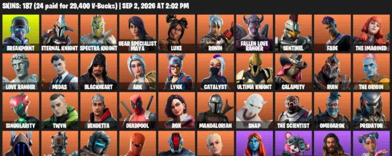 Fortnite account inventory for LVL 2869 - Breakpoint - Eternal Knight - 187 Outfits