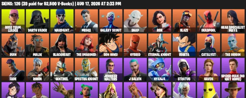 Fortnite account inventory for LVL 1383 - Rose Team Leader - Darth Vader - 126 Outfits