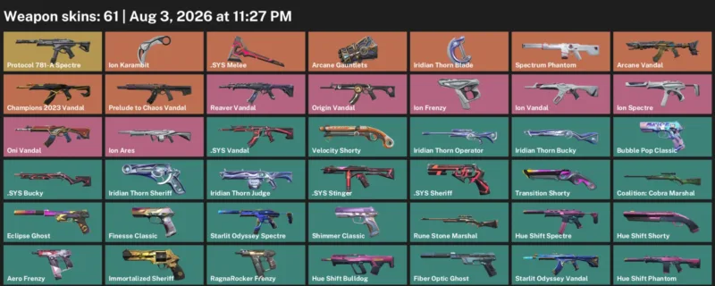 Valorant account inventory for LVL 329 · Ion Karambit & Iridian Thorn Blade