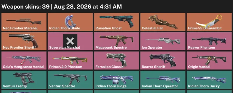 Valorant account inventory for LVL 102 · 2.0 Karambit & Celestial Fan & Iridian Thorn Blade
