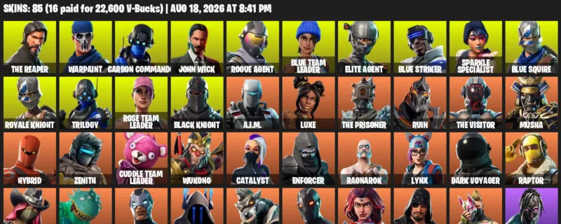 Fortnite account inventory for LVL 1031 - The Reaper - Warpaint - 85 Outfits