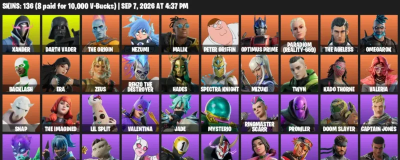 Fortnite account inventory for LVL 3043 - Xander - Darth Vader - 136 Outfits