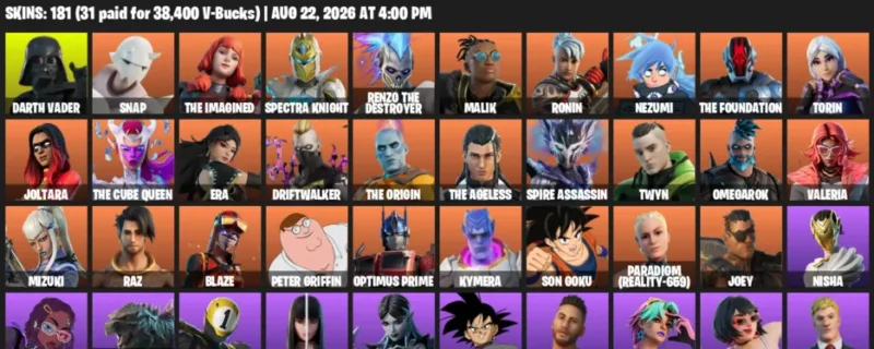 Fortnite account inventory for LVL 2378 - Darth Vader - Snap - 181 Outfits