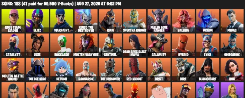 Fortnite account inventory for LVL 2282 - Rose Team Leader - Blitz - 188 Outfits