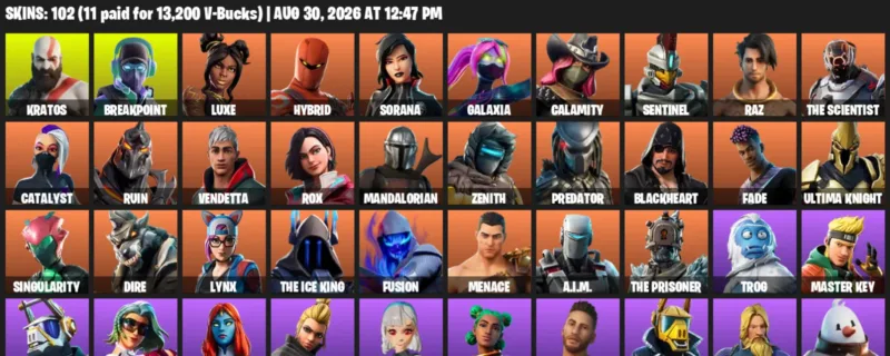 Fortnite account inventory for LVL 1235 - Kratos - Breakpoint - 102 Outfits