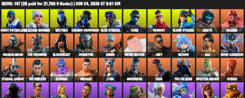 Fortnite account inventory for LVL 2485 - Point Patroller - Blizzard Bomber - 147 Outfits