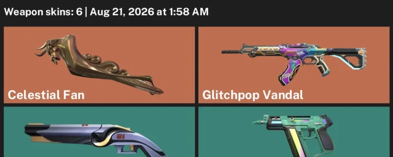 Valorant account inventory for LVL 76 · Glitchpop Vandal & Celestial Fan