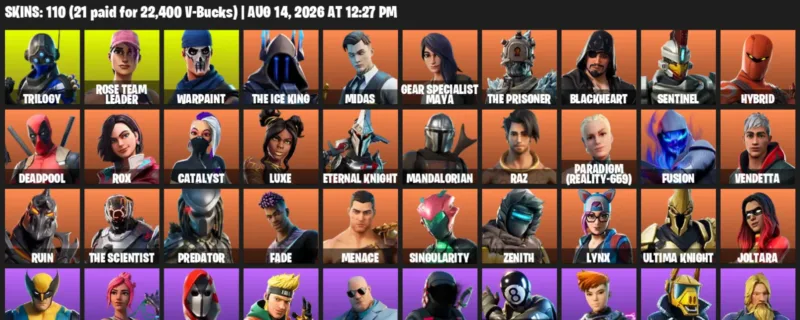 Fortnite account inventory for LVL 1629 - Trilogy - Rose Team Leader - 110 Outfits