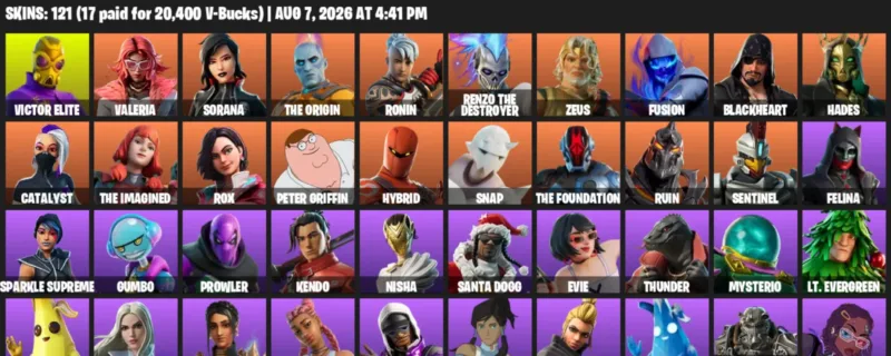 Fortnite account inventory for LVL 2756 - Victor Elite - Valeria - 121 Outfits