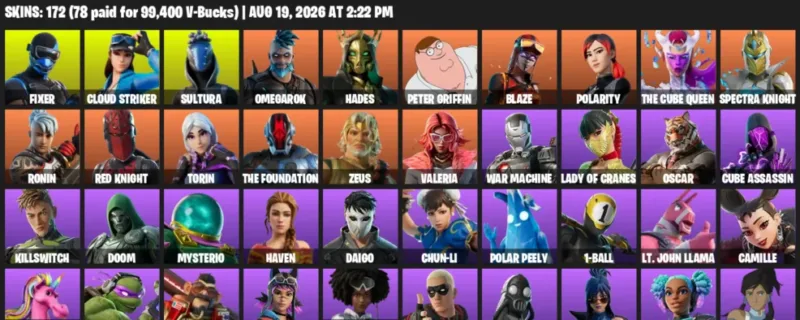 Fortnite account inventory for LVL 1665 - Fixer - Cloud Striker - 172 Outfits