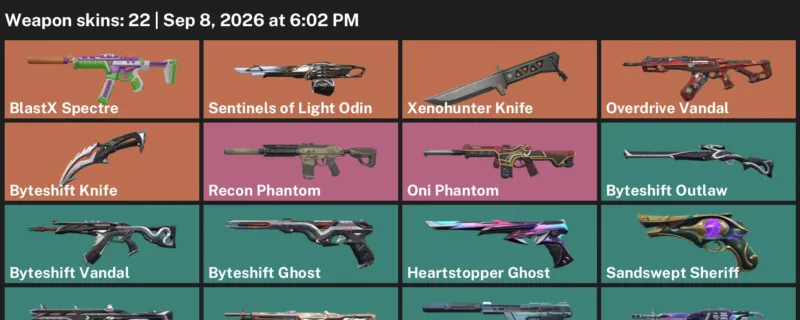 Valorant account inventory for LVL 126 · Xenohunter Knife & 22 Skins Byteshift Knife