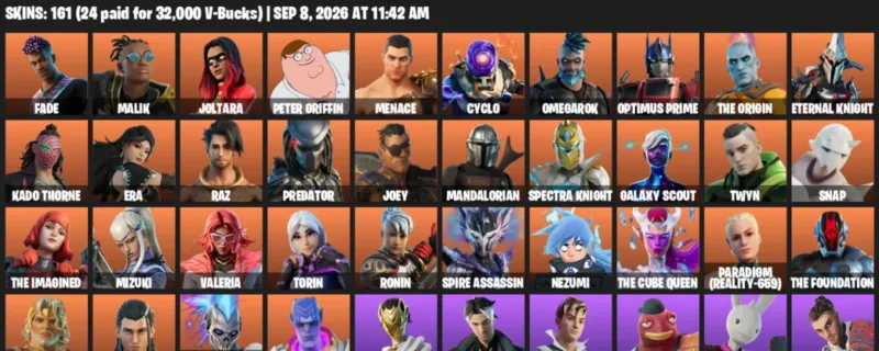 Fortnite account inventory for LVL 2795 - Fade - Malik - 161 Outfits