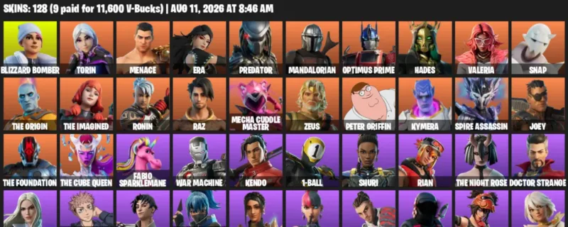 Fortnite account inventory for LVL 1984 - Blizzard Bomber - Torin - 128 Outfits