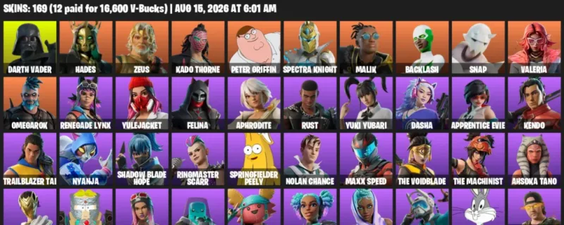 Fortnite account inventory for LVL 2154 - Darth Vader - Hades - 169 Outfits