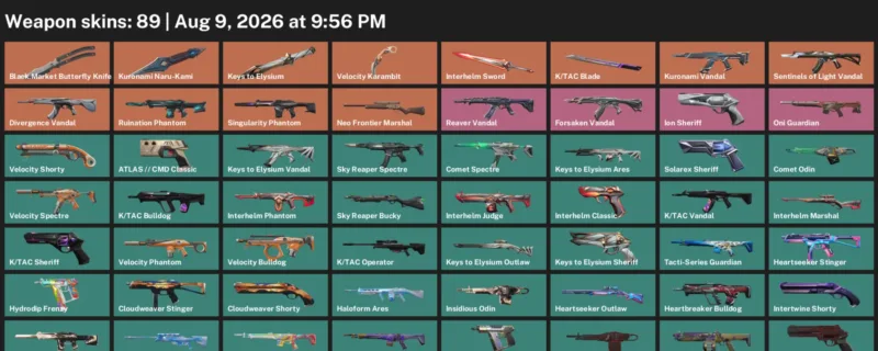 Valorant account inventory for LVL 182 · Velocity Karambit & Tac Blade