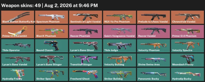 Valorant account inventory for LVL 69 · 2.0 Karambit & Black.Market Butterfly Knife & Prime