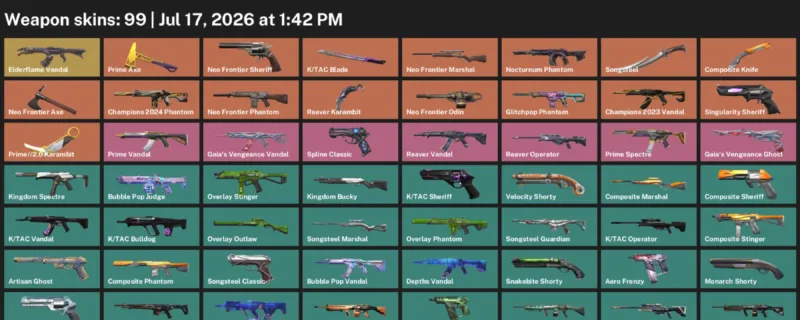 Valorant Accounts listing: LVL 229 · Composite Knife & K/TAC Blade · 99 Skins - Platinum 1, 99 skins