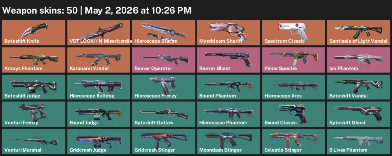 Valorant Accounts listing: LVL 63 / VCT Lock In, Kuronami/Sentinels Vandal Araxys/Ion Phantom - Gold, 50 skins