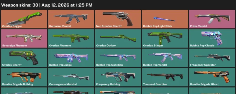 Valorant account inventory for LVL 94 · Overlay Dagger & Bubble Pop Vandal