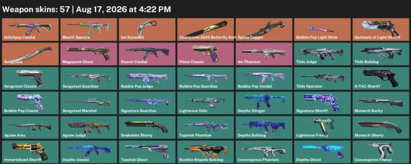 Valorant account inventory for LVL 141 · 57 Skins Champions 2022 Butterfly Knife & Ion Karambit