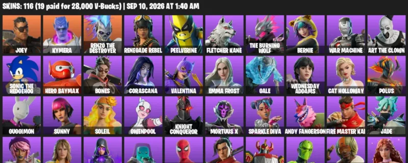 Fortnite account inventory for LVL 575 - Joey - Kymera - 116 Outfits