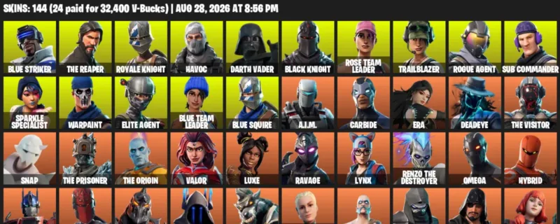 Fortnite account inventory for LVL 1607 - Blue Striker - The Reaper - 144 Outfits