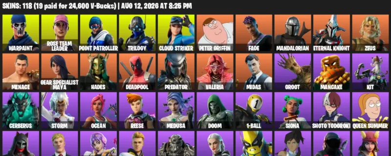 Fortnite account inventory for LVL 1779 - Warpaint - Rose Team Leader - 118 Outfits